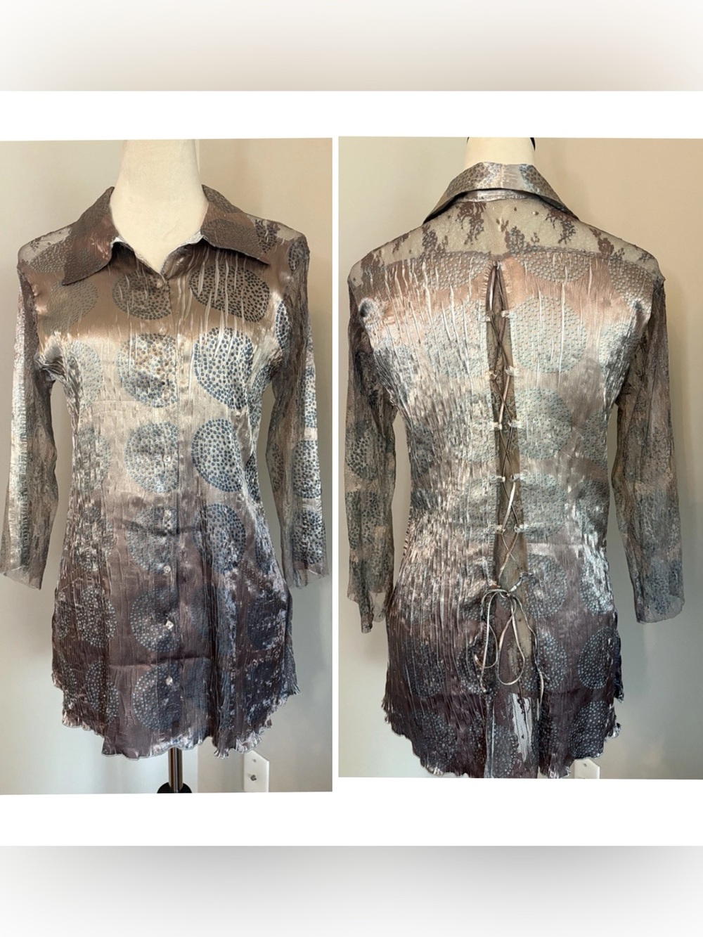 Komarov Crinkle Blouse Corset Button Up Top Lace Tie Back Metallic Large *Flaw